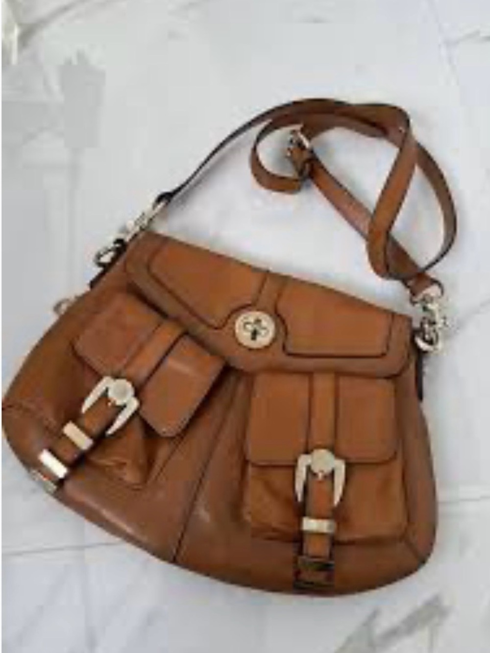 Karen Millen Classic Tan Leather Crossbody Bag with Buckle Pockets